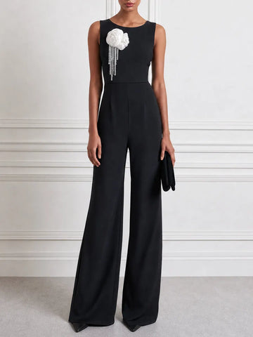 3D Rosette Pearl Tassel Sleeveless Bateau-Neck Wide-Leg Jumpsuit
