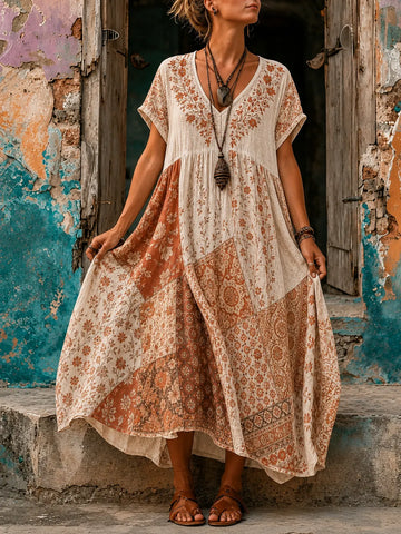 Women's Vacation Linen Floral Print V-Neck Short Sleeve Maxi Dress