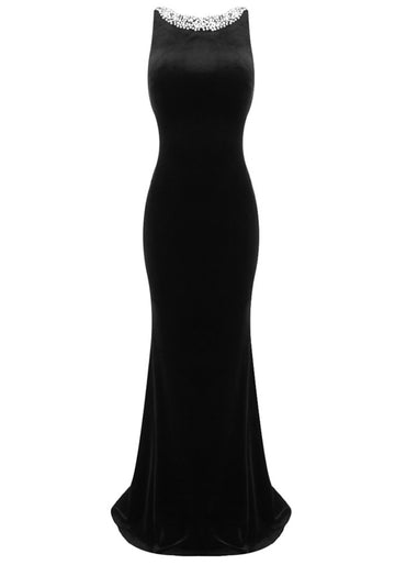 Backless Pearl Maxi Velvet Dress Black