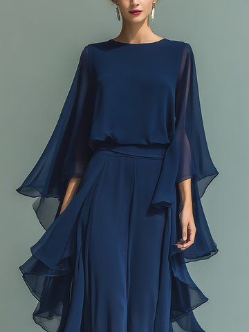 Women’s Navy Chiffon Flare Sleeve Ruched Waist Elegant Blouse MDZ1697D8T