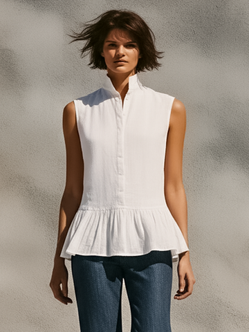 Women's Minimalist Stand-Collar Sleeveless Single-Breasted Shirt With Ruffled Hem MDZ1677D9Y