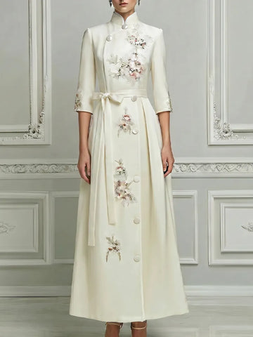 White A-Line Maxi Dress With Mandarin Collar