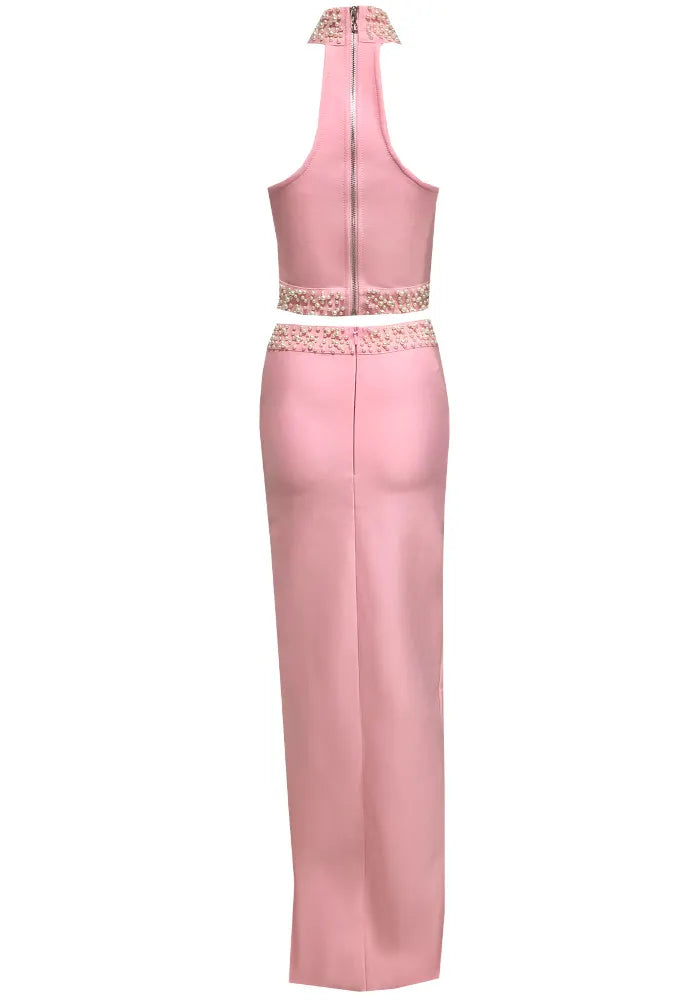 Halter Pearl Two Piece Maxi Dress Pink