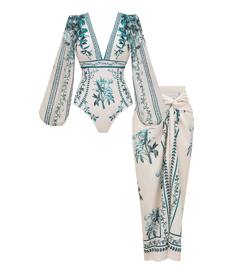 Dark Cyan Long Sleeved Floral Swimsuit Set(s)