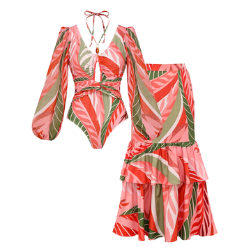 Long-sleeved Artificial Stone Decor One Piece Swimsuit and Skirt Flaxmaker