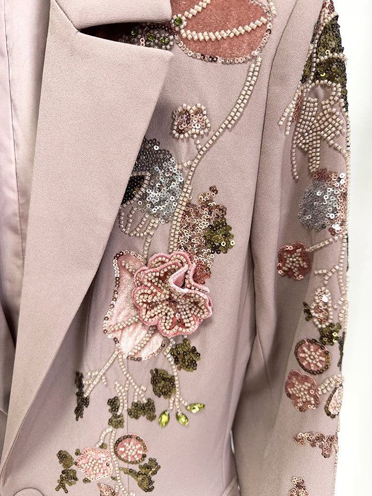 Long Sleeve Sequin Floral Suit Brown