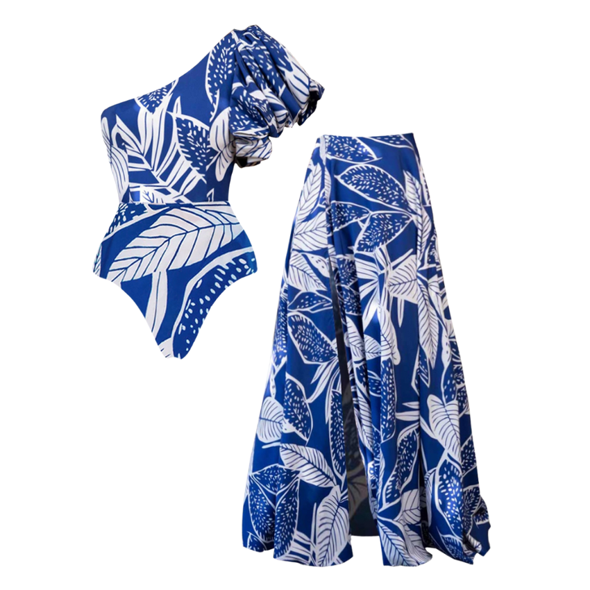 One Shoulder Leaf Printed One Piece Swimsuit and Skirt