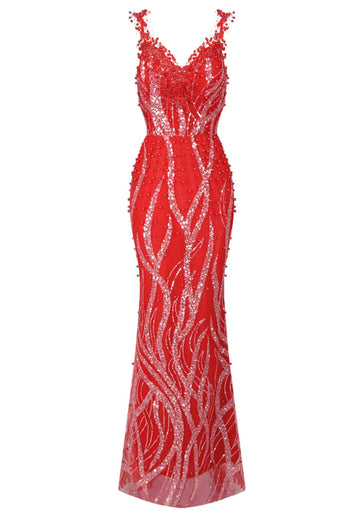 Sequin Maxi Dress Red Silver