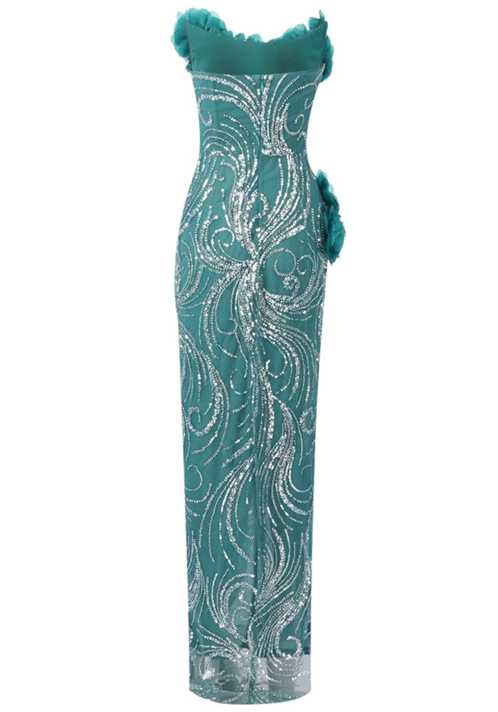 Floral Strapless Sequin Maxi Dress Green