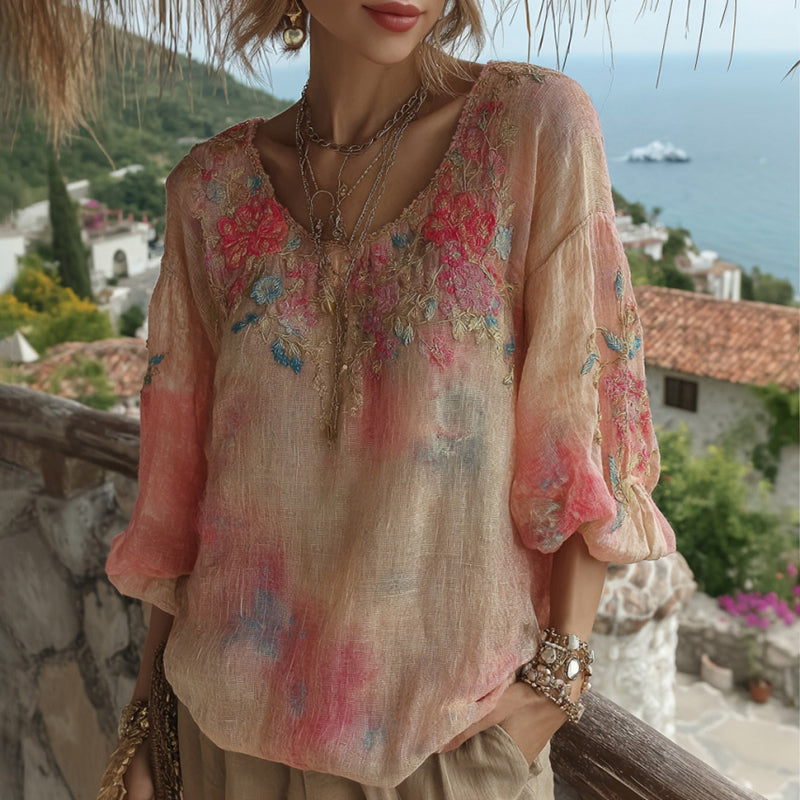 Women's Tie-dye Style Floral Embroidered Round Neck Comfortable Top
