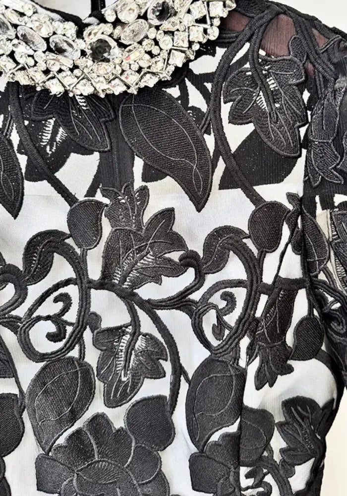 Long Sleeve Crystal Collar Floral A Line Maxi Dress Black White