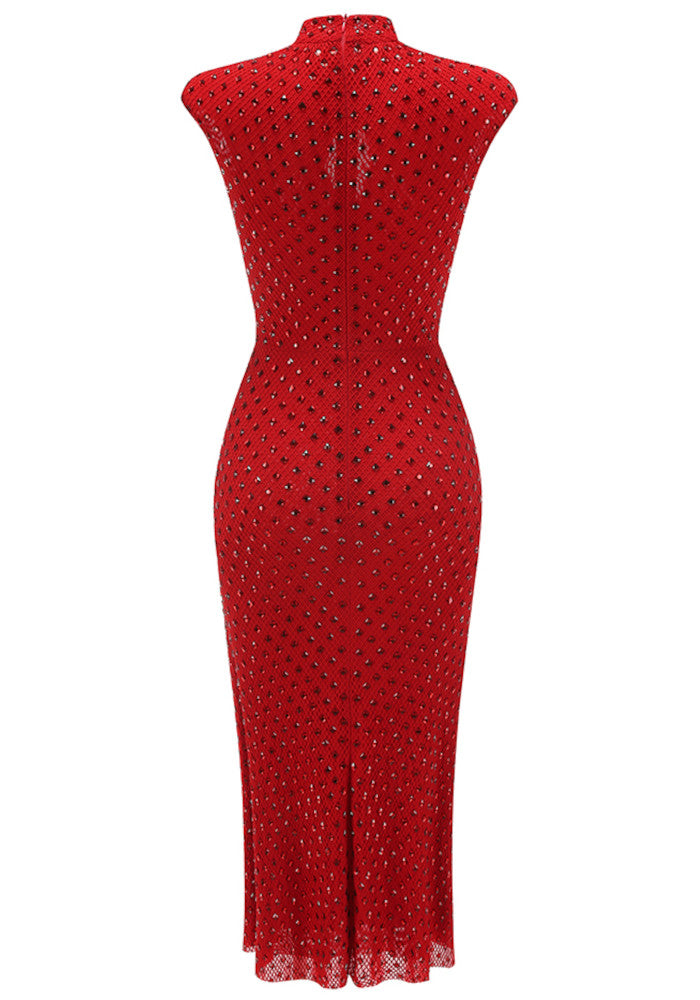 Floral Detail Sparkly Midi Dress Red