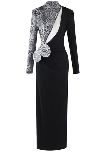 Long Sleeve Animal Print Floral Maxi Dress Black