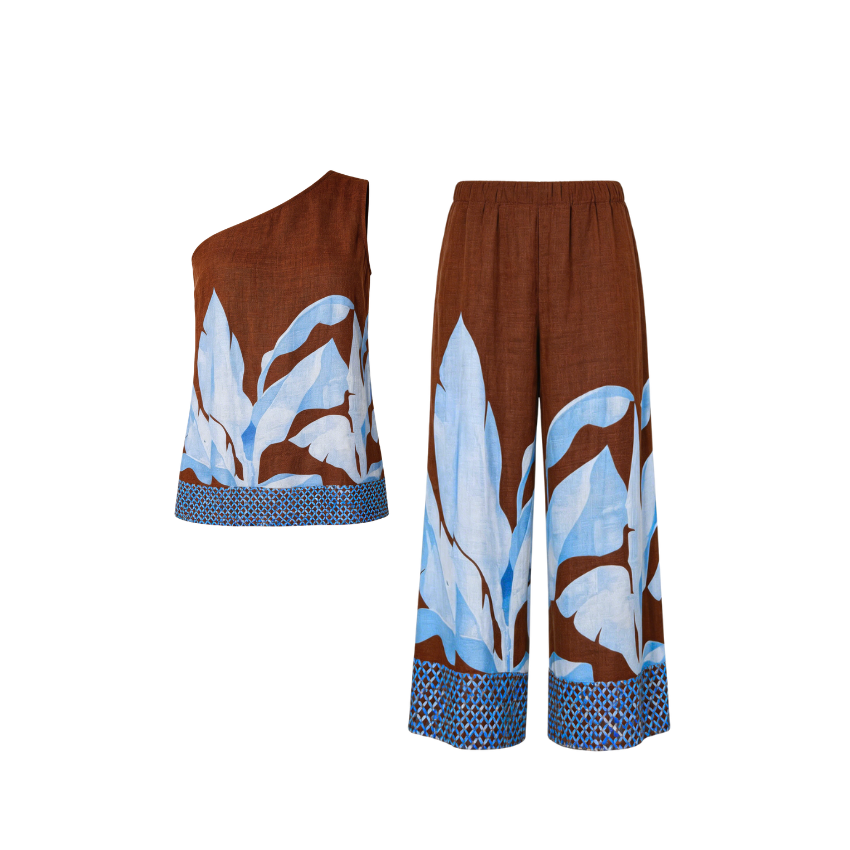 Brown Base Blue Leaf One-Shoulder Pant Set