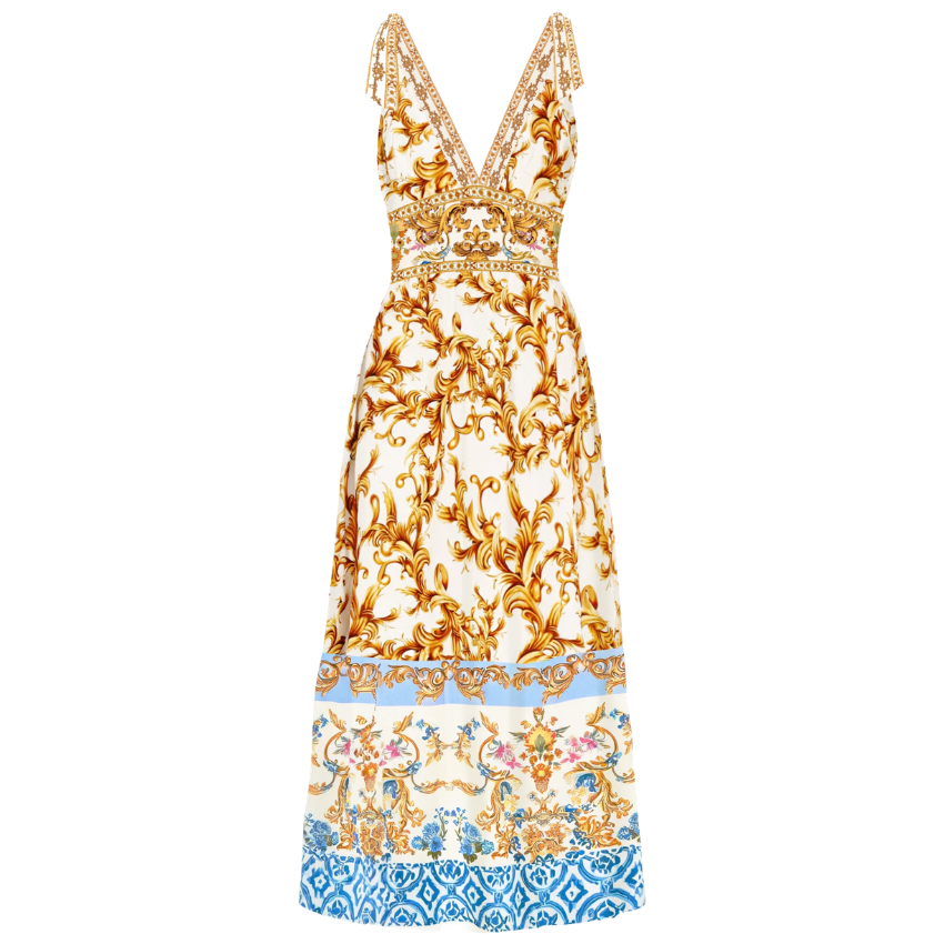 Gold Baroque-print lace-up V-neck maxi dress