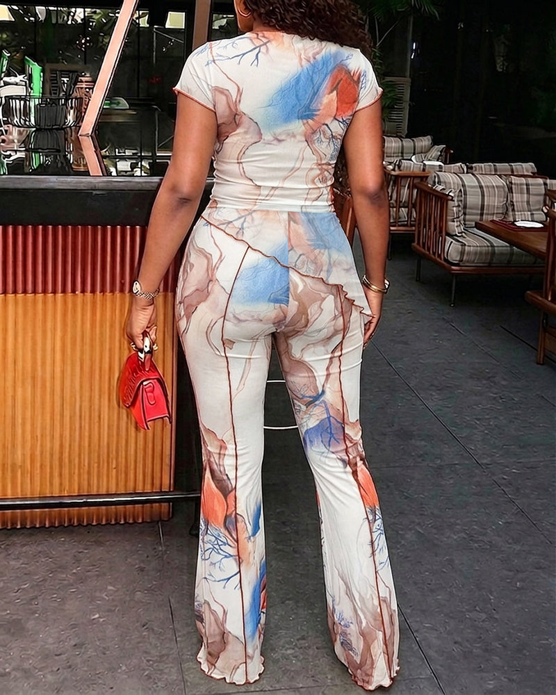 Women's 2 Piece Mesh Set Vintage Print Short Sleeve Top and High Waisted Flare Pants Set with Lining