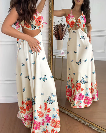 Women's Floral Butterfly Print Maxi Dress Backless Cutout Cami Sundress Ruched Tied Detail Flowy Vacation Dress