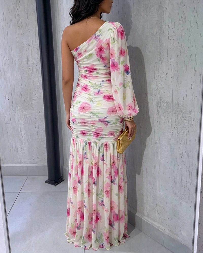 Women's Floral One Shoulder Evening Dress Elegant Lantern Sleeve Ruched Maxi Gown Casual Sheer Mesh Mermaid Dress