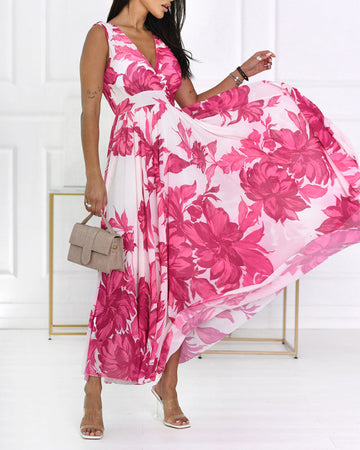 Women's Floral Print Maxi Dress Overlap V Neck Backless Chiffon Sundress Sleeveless High Waist Flowy A-Line Vacation Dress
