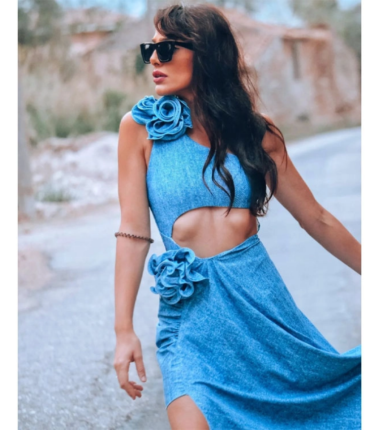 One Shoulder Cutout Denim Printed One Piece Swimsuit and Skirt Flaxmaker