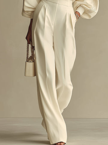 Women's Off-white Lightweight Woven Wide Leg Pants with High Waist & Loose Fit, Sophisticated Office Chic Trousers MDZ0856A8I