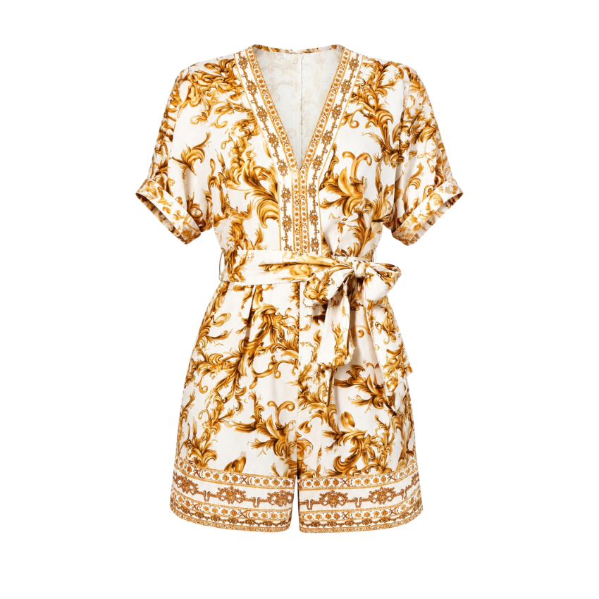 Golden Baroque Print Short Sleeve Tie Waist Romper