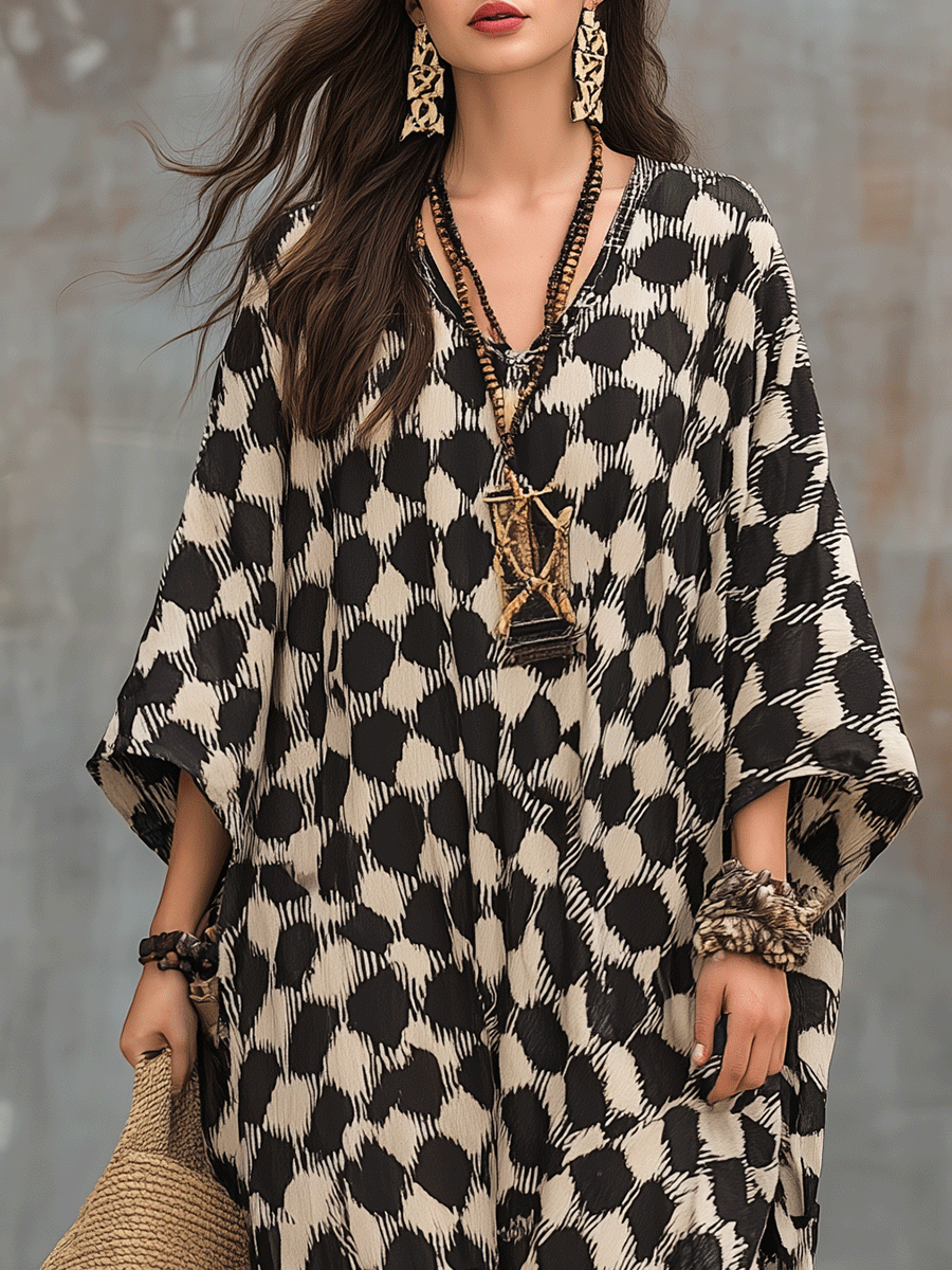 Bohemian-Inspired Relaxed Fit Polka Dot Kaftan Maxi Dress