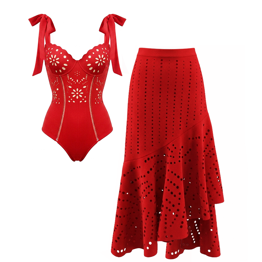 Red Color Laser Cutting Swimsuit Set(s)