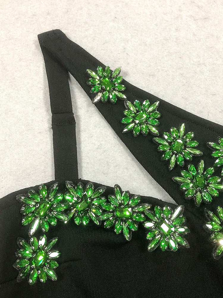 One Shoulder Crystal Flowers Maxi Dress Black Green