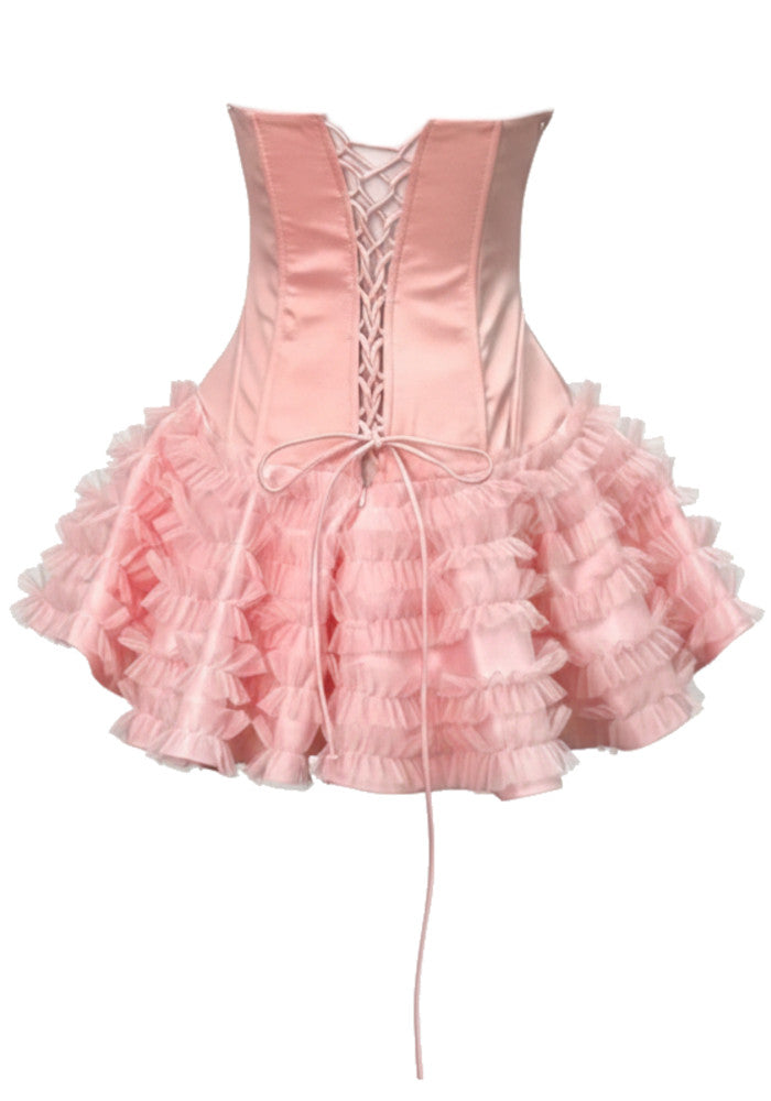 Strapless Ruffle Corset Skater Dress Pink
