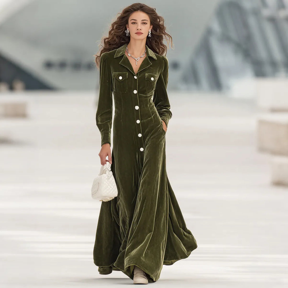 Lapel Multi-pocket Velvet Maxi Dress