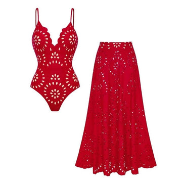Laser Flower Hollow One Piece Swimsuit and Skirt