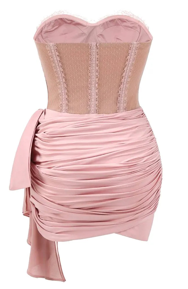 Strapless Lace Corset Draped Dress Pink