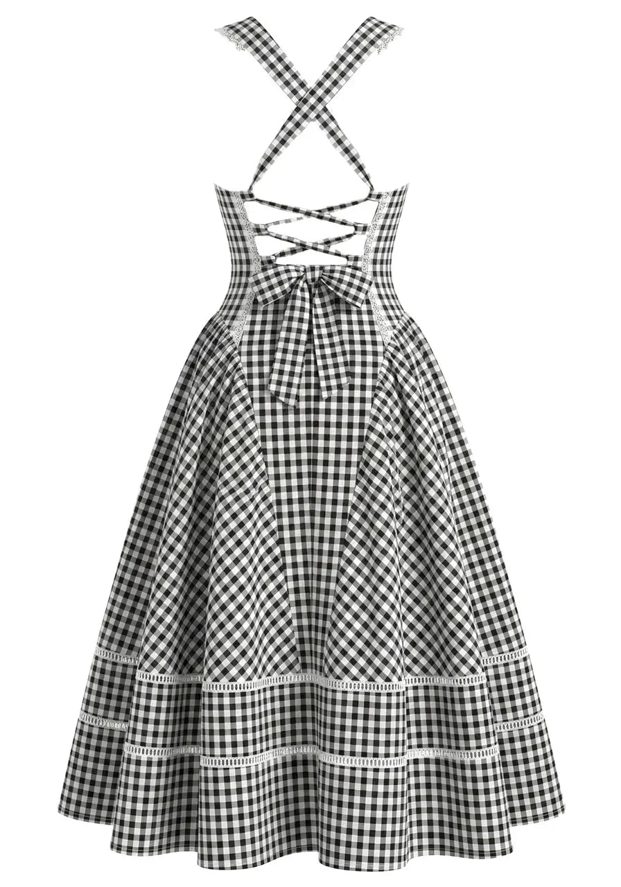 Gingham Corset A Line Midi Dress Black