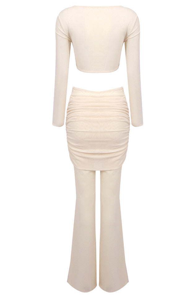 Long Sleeve Draped Two Piece Jumpsuit Nude