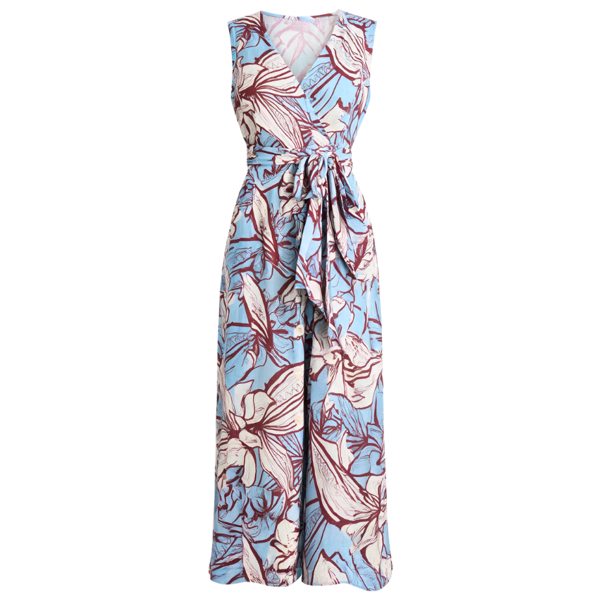 Light Blue Floral Print V-Neck Wrap Jumpsuit