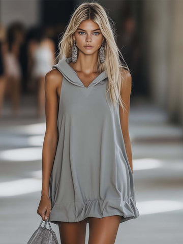 Casual Fashion Loose Grey Sleeveless Hoodie Style Mini Dress