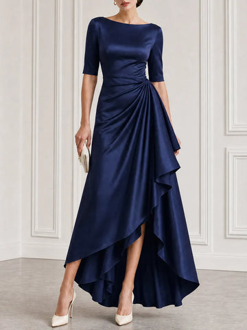 Satin Boat-Neck Ruched High-Low Maxi Gown