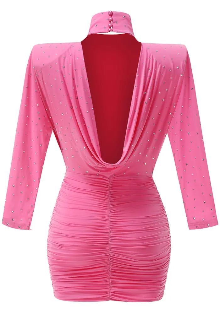 Long Sleeve Crystal Ruched Dress Pink