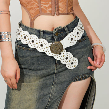 Retro Denim White Pattern Buckle Belt