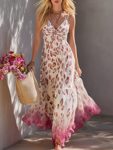 Elegant Retro White Gradient Leopard Print Chiffon Spaghetti-Strap Maxi Dress