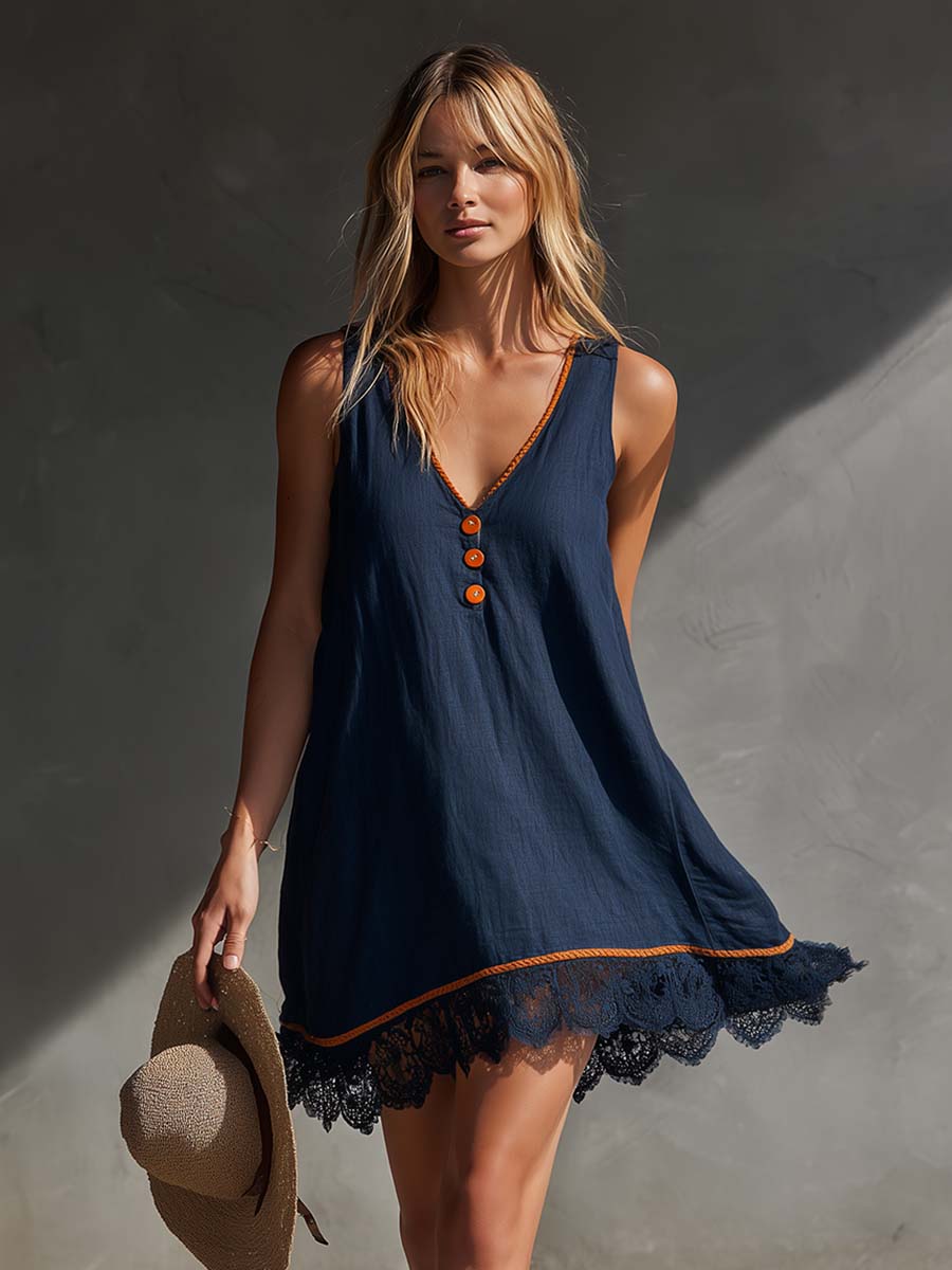 Casual Vacation V-Neck Front Buttons Lace Hem Dark Blue Cotton-Linen Mini Dress