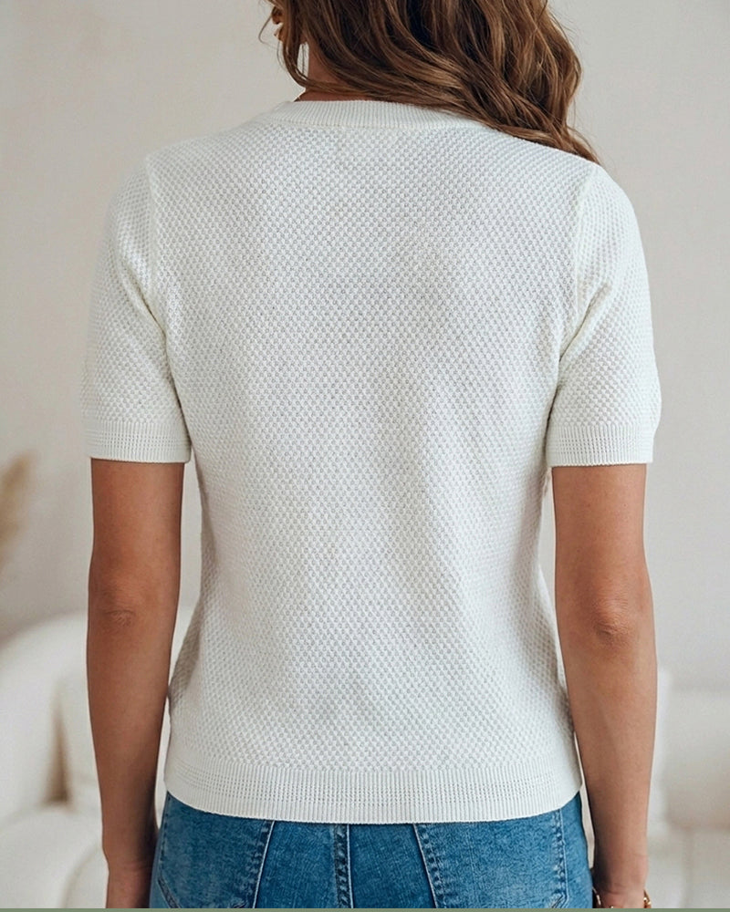 Women's Hollow Out Knit Cardigan Short Sleeve Gold Button Sweater Casual Loose Knitwear Top
