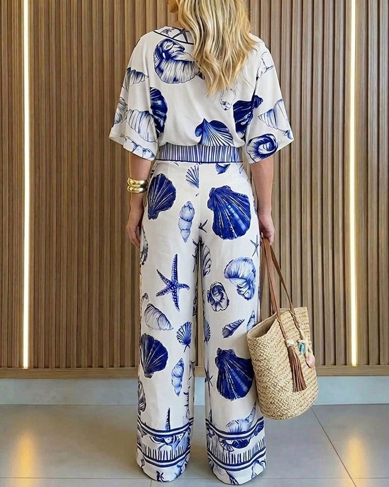 Women's Ocean Print Jumpsuit Seashell Starfish Wrap V Neck Batwing Sleeve Tie Waist Wide Leg Romper with Pockets