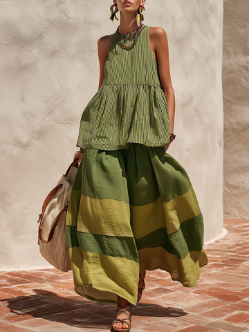 Retro-chic Striped Top And Color-blocked Wide-leg Pants