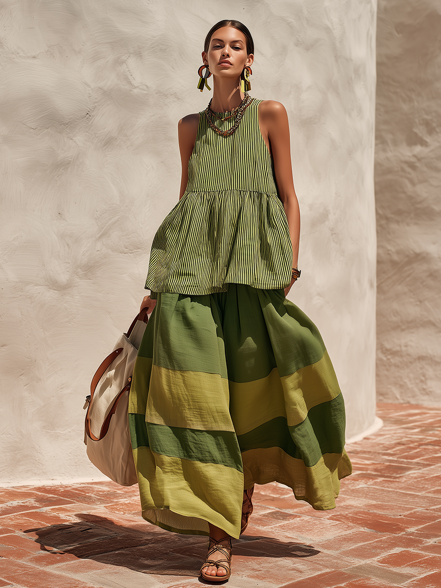 Retro-chic Striped Top And Color-blocked Wide-leg Pants