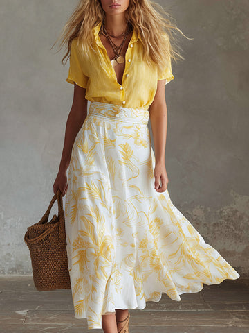 Elegant Summer Vacation Outfit Yellow Cotton-Linen T-Shirt & Moon-Print Chiffon Skirt Set