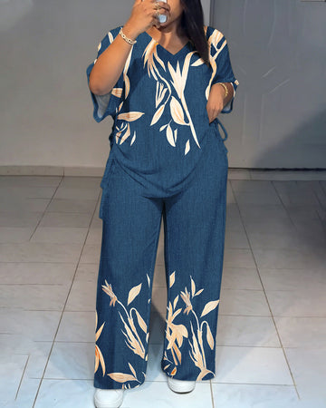 Women's Tropical Plants Print 2 Piece Outfits V Neck Drawstring Ruched Top and Wide Leg Pants Set Casual Loose Loungewear