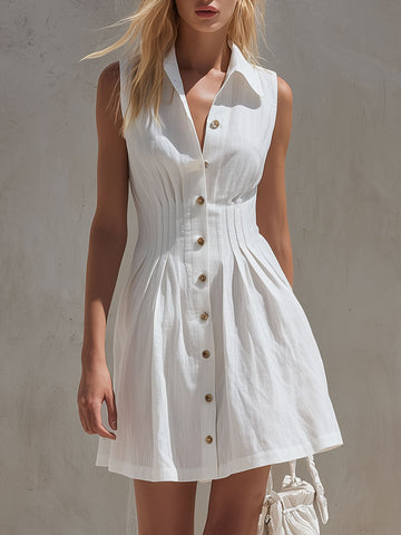 Casual Retro White Sleeveless Collared Button-down Pleated Cotton Linen Mini Dress