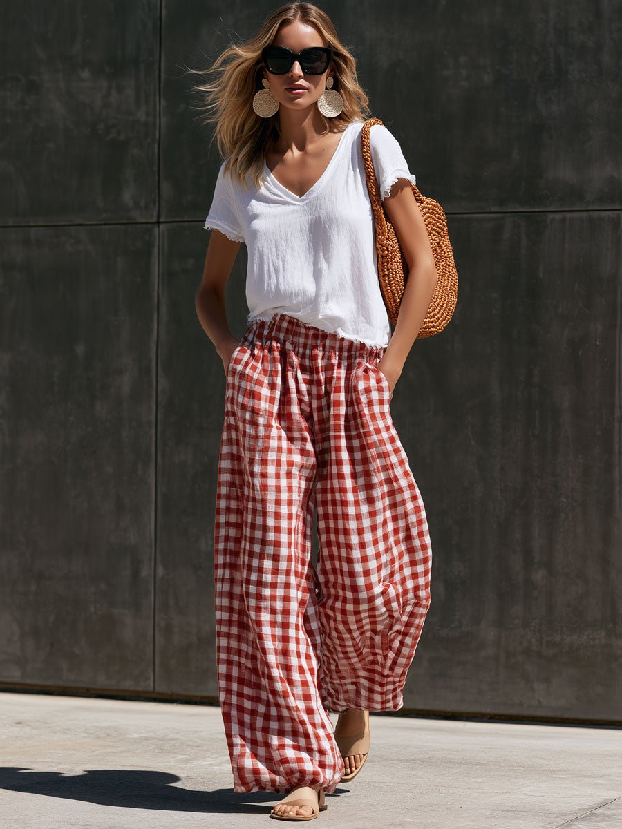 Casual Retro Short-sleeved T-shirt And Red And White Checkered Cotton Linen Pants Set